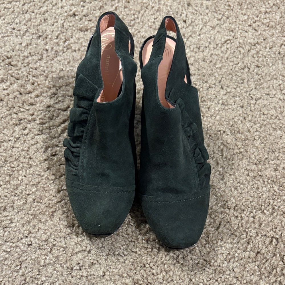 Nanette Lepore hunter green suede slingback heels featuring